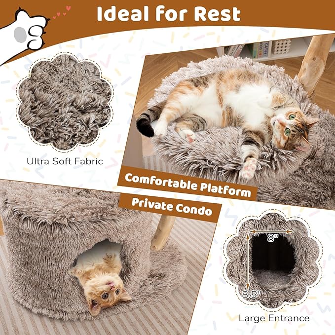 PETSITE 41.5 Inch Wood Cat Tree, Multi-Level Real Pear Wood Modern Cat Tower with Jute Scratching Posts, Dangling Ball, Cozy Top Cattail Perch, 2 Jumping Platforms, Cat Condo, Soft Long Plush Covered