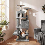 PETSITE 57-inch Modern Cat Tree, Multi-Level Cat Tower with 2 Comfy Condos, Sisal Scratching Posts, Plush Top Perch, Snug Hammock, and Dangling Balls, Ideal for Indoor Cats and Kittens (Grey)