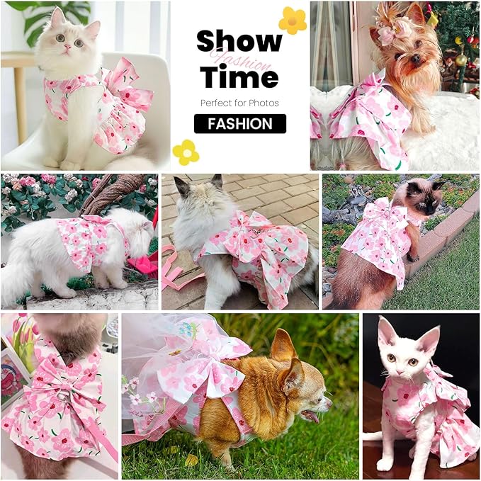 Cute Dog Dress Small Dog Clothes for Girls Female Puppy Outfits Floral Pet Summer Clothes Bowknot Doggy Harness Dress Cat Princess Dresses for Holiday Birthday Party (Pink Floral, Medium)