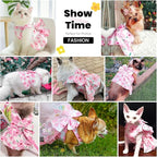 Cute Dog Dress Small Dog Clothes For Girls Female Puppy Outfits Pink Floral Pet Summer Clothes Bowknot Doggy Cat Princess Dress Harness Set for Holiday Birthday Party Costume Clothing (Pink,XS)