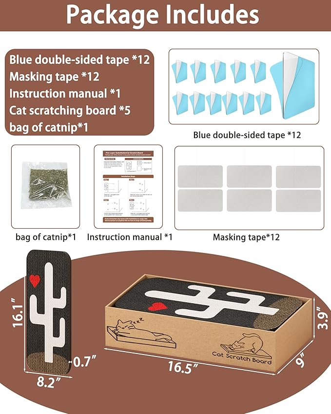 Megidok Cat Scratcher Art,5 Pack Cat Wall Mounted Scratcher,Cute Scratch Pad for Cats Nail File,Couch Protector Scratching Posts for Indoor Cats Adults Cat+Cacti