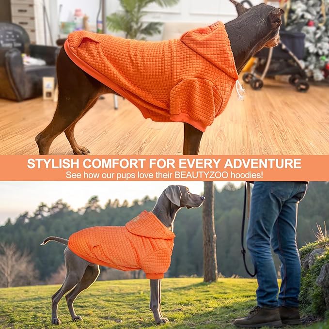 BEAUTYZOO Small Dog Hoodie Sweater with Pockets, Dog Clothes for Small Medium Dogs Boy Girl, Waffle-Like Laminated Cotton Pet Coats with Hat and Leash Hole, Orange L