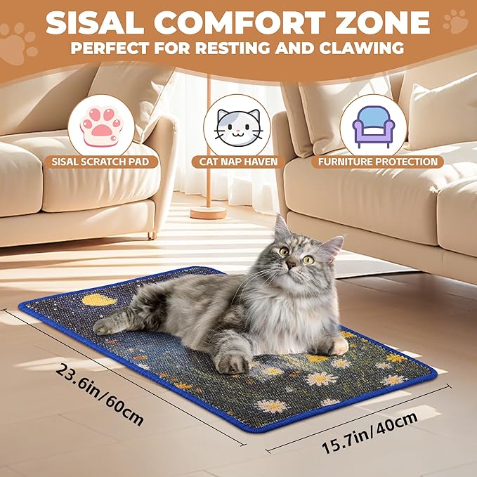 Sisal Cat Scratcher Mat, Cat Wall Scratcher for Indoor Cats, 23.6x15.7 Inch Cat Scratch Pad with Hook & Loop, Wall Mounted Cat Scratching Post to Protect Couch and Carpet（Starry Cat）