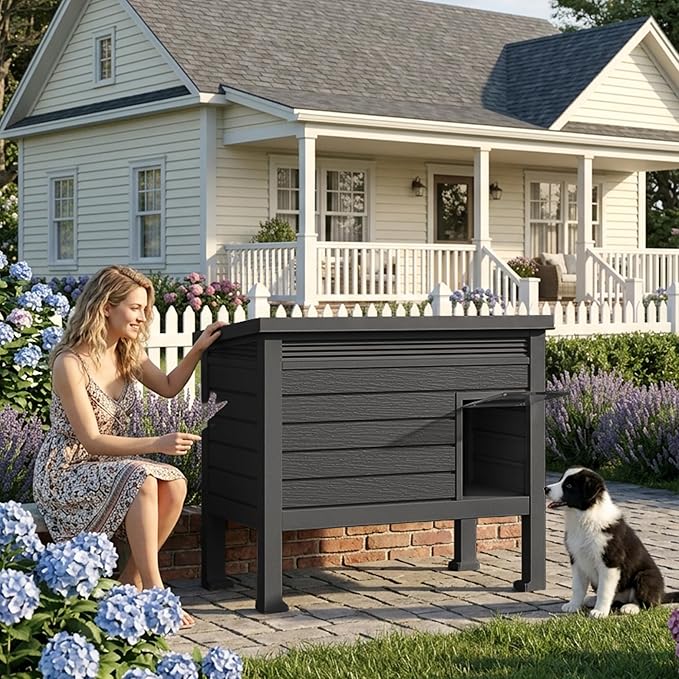 DRATO Indoor & Outdoor Resin Dog House with Raised Floor and Easy Assembly - Small Breed Shelter Featuring Louvered Vents, Spiked Legs, and Sloped Roof,Black