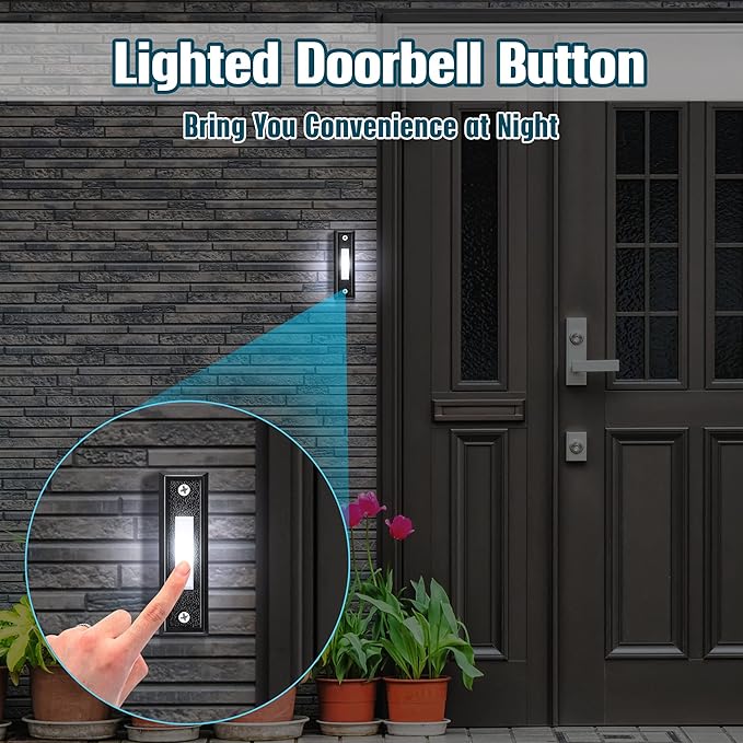 Saillong 2 Pieces Lighted Doorbell Button, Wall Mounted Garage Door Opener Switch with LED Light Compatible with Most Wire Doorbell Chimes, Transformer, Ringer, Buzzers (Black,White Light)