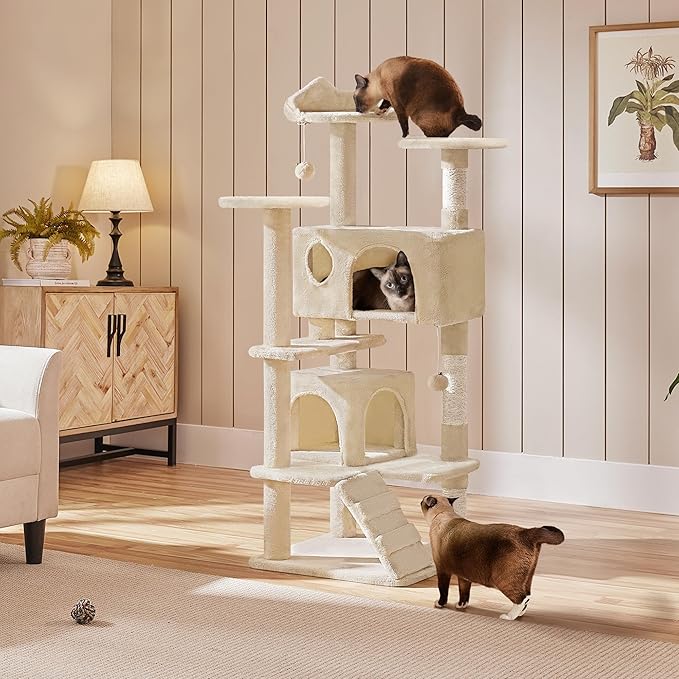 Yaheetech 54in Cat Tree, Multi-Level Cat Tower with Spacious Perch, 2 Cozy Caves, Scratching Posts, Climbing Ladder, 2 Plush Balls, Durable Pet House Furniture for Indoor Kittens, Beige