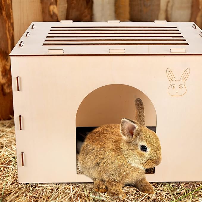 Woiworco Wooden Rabbit Hideout Castle for Easter Day, Rabbit Houses and Hideouts, Wooden Rabbit Bunny Hideout for Indoor Bunnies Chinchilla, Hamsters and Guinea Pigs Hut to Hide