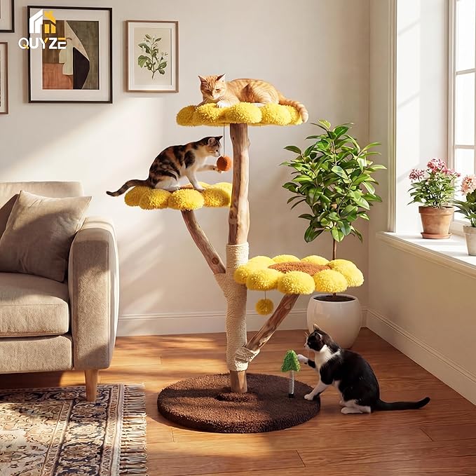 Morden Cat Tree for Indoor Cats, Aesthetic Cat Tree w/Natural Solid Wood Scratching Post, Sunflower Cat Tower with 2 Hanging Toy Ball for Multi-Cat Households, 3 Flower Perches