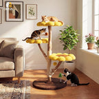 Morden Cat Tree for Indoor Cats, Aesthetic Cat Tree w/Natural Solid Wood Scratching Post, Sunflower Cat Tower with 2 Hanging Toy Ball for Multi-Cat Households, 3 Flower Perches