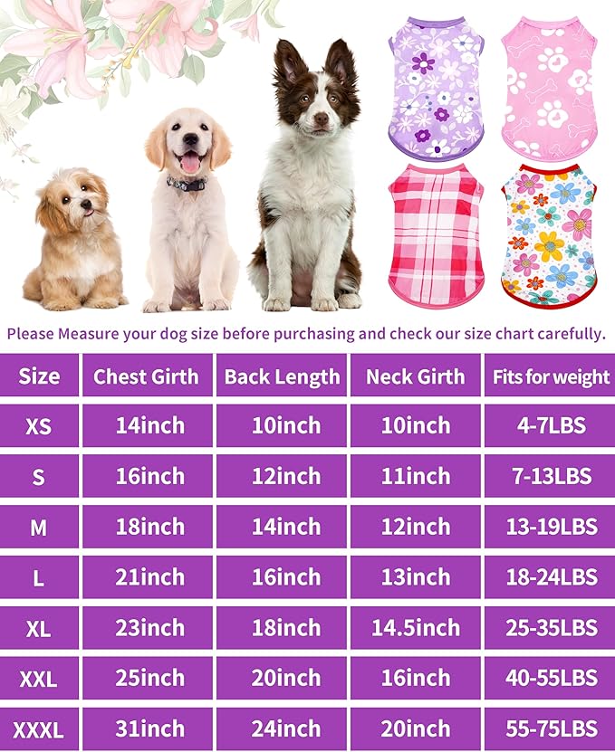 PET SHOW 4 Pack Summer Dog Shirts for Medium Dogs Girl UPF 50+ UV Sun Protection Cooling Clothes Tank Top Floral Puppy T-Shirts Pet Holiday Party Sleeveless Vest Pink(Large)