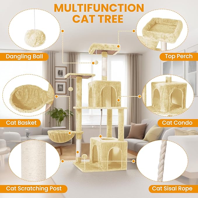 Cat Tree, 54-Inch Cat Tower for Indoor Cats,Plush Multi-Level Cat Condo with Scratching Posts, Basket, Perches,2 Caves,2 Pompoms(Beige)