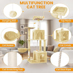 Cat Tree, 54-Inch Cat Tower for Indoor Cats,Plush Multi-Level Cat Condo with Scratching Posts, Basket, Perches,2 Caves,2 Pompoms(Beige)