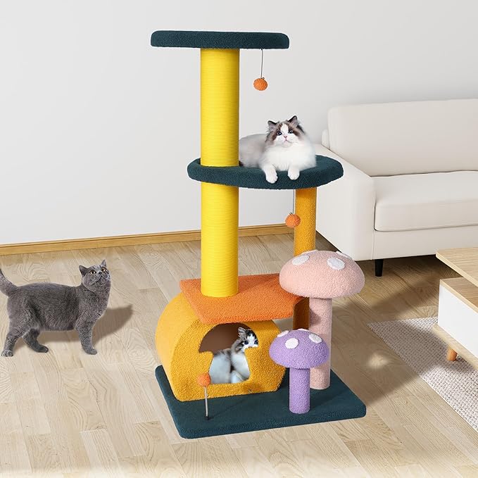 KAMABOKO Mushroom Cat Tree, Cute Cat Tower with Full-Wrapped Sisal Posts, Scratching Boards & Interactive Balls, Multi-Level Cat Activity Tree