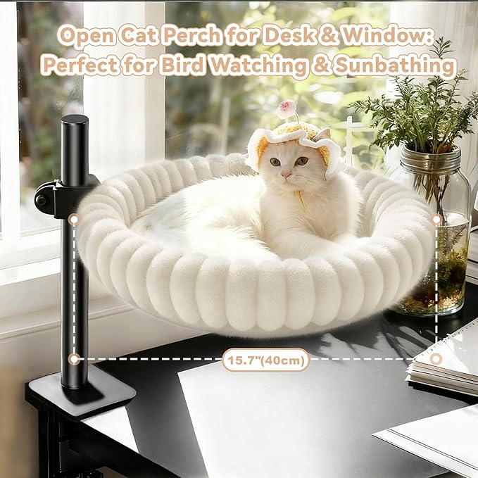 Dogpals 360° Rotating Cat Bed for Desk, Height Adjustable Cat Perch with Semi-Enclosed Design & Removable Cushion, No-Drill Clamp fits up to 1.18" Desk, Supports 9lbs for Office, Gaming Table