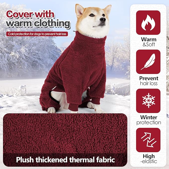 Dog Winter Coat, Warm Fleece Jacket, Windproof Pullover Jumpsuit, Full Body Dog Pajamas Onesie, Cold Weather Clothes for Medium Large Dog(Large,Red)