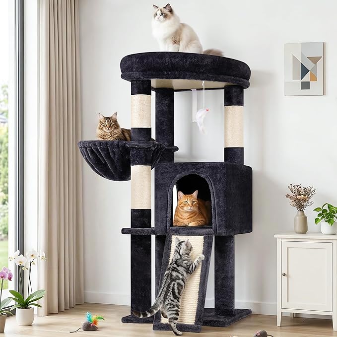 Globlazer 45" Cat Tree for 2-3 Medium Cats, Multi-Level Cat Tower with Scratching Board for Kittens and Senior Cats, Condo & Hammock Space Saving Cat Tower, F45, Dark Grey