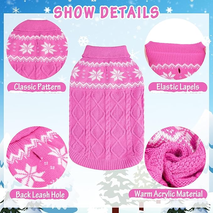 Warm Winter Pink Dog Sweater - Cold Weather Pet Clothes for Small Medium Large Dogs Indoor Outdoor, Soft Classic Knit Puppy Apparel Coat, Pink, XL