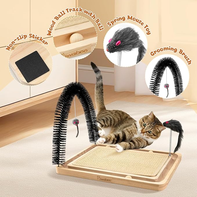 Pawaboo Sisal Cat Scratcher Toy, 16.93"×12.99"×12.20" Cat Scratcher Toy with Ball Track, Wooden Interactive Toys for Indoor Cats Scratch Pad, Cats Chasing Hunting Physical Exercise Toys
