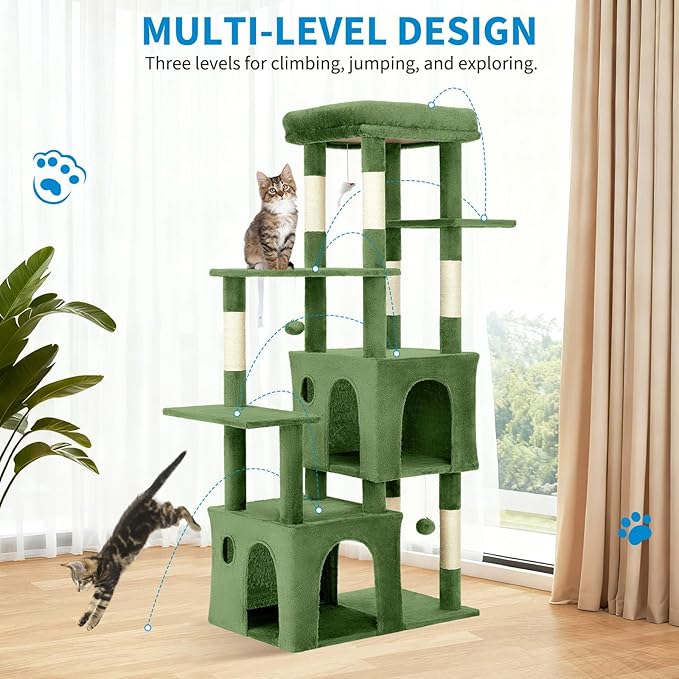 61" Multi-Level Cat Tree Tower for Large Indoor Cats & Maine Coons – Jumbo Perch, 2 Spacious Condos, Durable Sisal Scratching Posts, Play Toys, Stable Modern Activity Center - Green