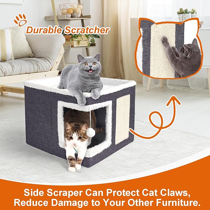 2 Pack Cat Houses for Indoor Cats - Large Cat Bed Cave with Scratch Pad and Fluffy Ball, Foldable Cat Hideaway Condo with Reversible Cushion for Multi Small Pet, Dark Grey