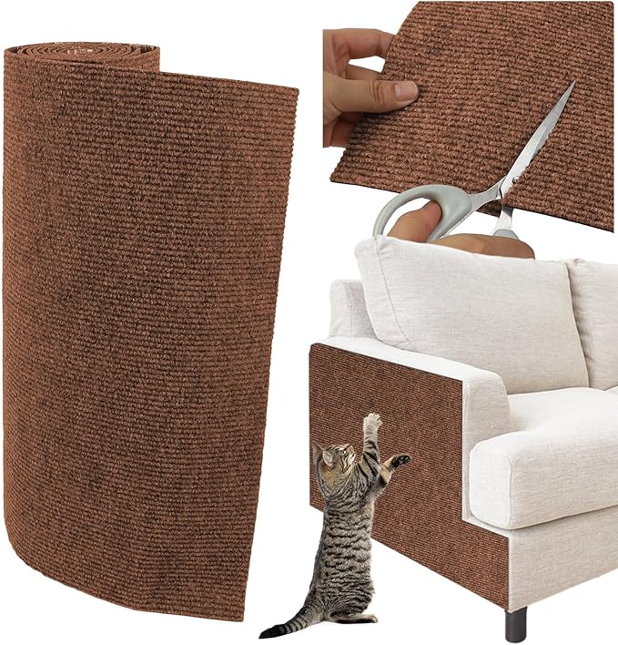 Trimmable Cat Scratcher Mat, Self-Adhesive Cat Scratching Carpet Pad Replacement for Cat Tree Shelves, Steps and Posts, DIY Cat Scratch Couch Furniture Protector (Brow, 39.4"x15.8")