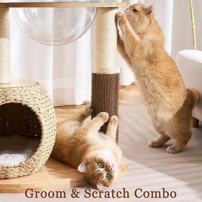 Modern Solid Wood Cat Tree Tower for Indoor Cats Large Adult, 38 inch Corner Cat Tree with Handmade Rattan Cat Bed, Luxury Aesthetic Cat Tree with Rattan Cave, Space Capsule, Groomer, Scratching Post