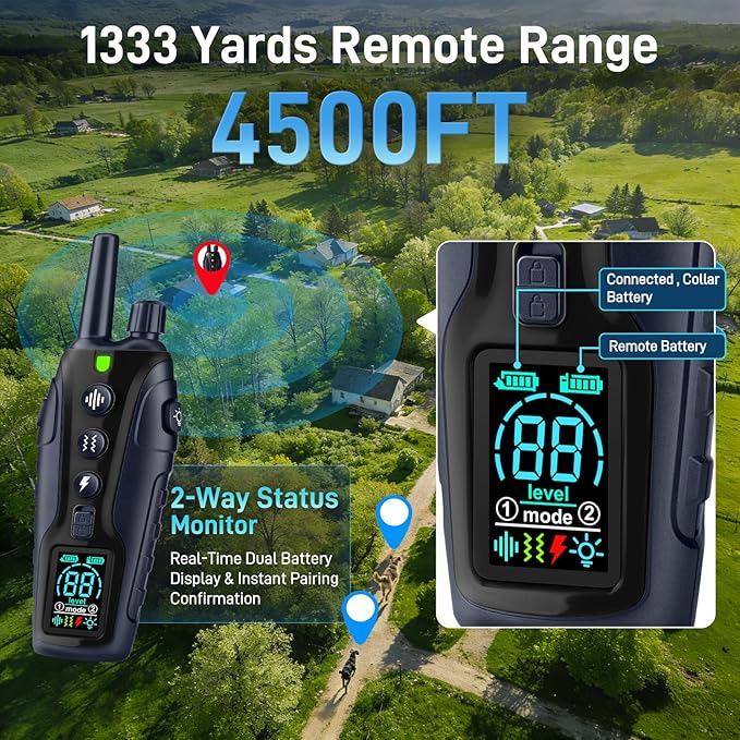Shock Collar for Dogs - 4500FT Dog Training Collar with Remote, Waterproof e Collar with Flashlight, 4 Training Modes, Keypad Lock, Rechargeable Dog Shock Collar for Small Medium Large Dogs