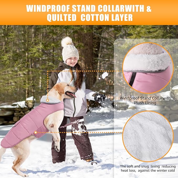 iBuddy Dog Winter Jacket for X-Large Dogs, Easy on Dog Fleece Snow Coat Velcro Waterproof Pet Puffer Coat with Harness Hole Adjustable Reflective Quilted Pet Cold Weather Vest for Girl Female