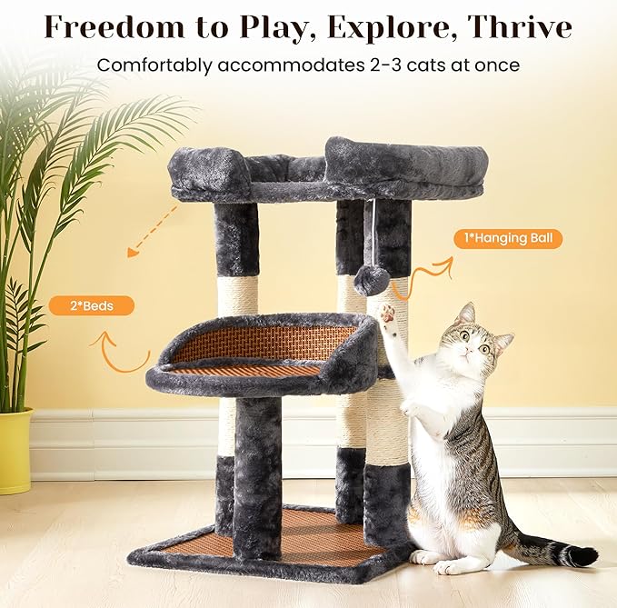 Multi-Level Cat Tree for Indoor Adult Cats, Modern Cat Tower with Double Beds & Scratching Posts, Cute Cat Tree Tower for Large Cats and Kitten, Small Cat Tree Tower with Hanging Toys, Grey