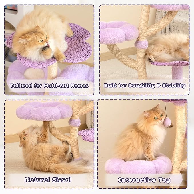Happy & Polly 35.4 inch Woven Blossom Cat Tree, Fleece Floral Cat Tower with Sisal Scratching Post for Indoor Cats