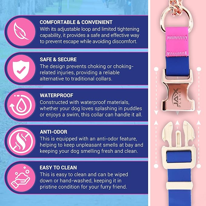 Jelly Waterproof Martingale Dog Collar, No Pull Nylon Collar with Alloy Metal Buckle & D-Ring for Outdoor Training and Walking, Anti Pull, Escape Free, One Time Adjustment - Blue & Rose, L