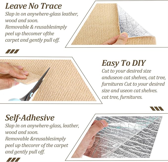 Cat Scratching Mat, Cats Scratch Furniture Protector Trimmable Self-Adhesive Carpet Mat DIY Cat Scratchers for Indoor Couch Wall Sofa Chair Cats Tree Shelves (118" x 15.75", Khaki)
