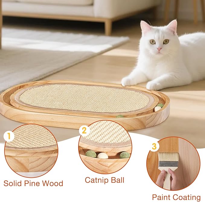Oval Sisal Cat Scratcher with Ball Track - Woven Sisal Scratching Pad & Interactive Cat Toy, Wooden Track with 3 Toy Balls for Indoor Cats, No Assembly Needed