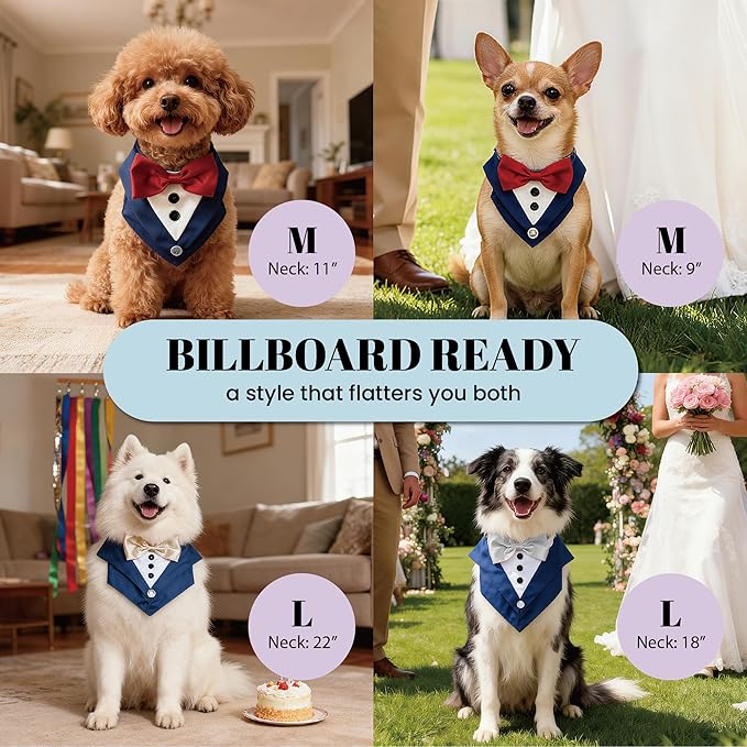 AVERYDAY Dog Tuxedo Bandana Collar for Wedding Outfit, Dog Tux Costume with Bowtie, Pet Harness with Leash Ring for Birthday Party Christmas, Formal Wear Suit and Tie for Small Medium Large Breeds