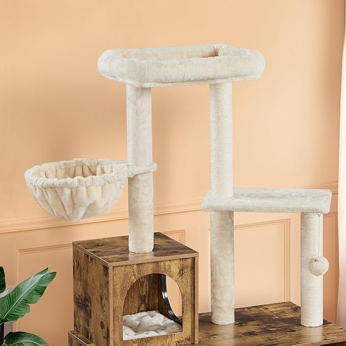 Yaheetech Cat Tree, 53in Cat Tower with Wood Litter Box Enclosure, 2-in-1 Cat Tree with Condo, Scratching Posts, Perch for Indoor Large Cats, Cat Activity Center, Rustic Brown/Beige
