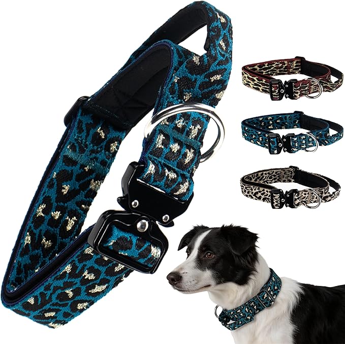 Heavy Duty Dog Collar with Unique Leopard Totem Design Adjustable Durable Nylon Collar, Metal Buckle for Large Dogs Bold Style for Training & Outdoor Adventures (Blue Leopard L)