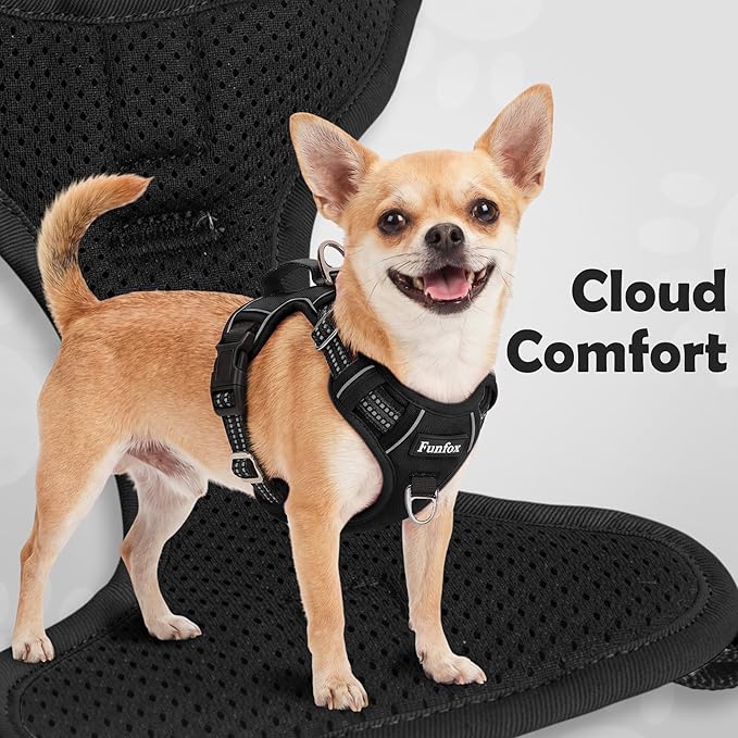 Funfox Dog Harness Medium Sized Dog, Vertical Handle Easy Control, No Pull Pet Vest Adjustable with 2 Leash Clips, Soft Material, Reflective Safe Night Walking for Small Medium Large Breed, Black, M