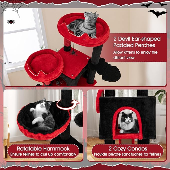 Tangkula Gothic Cat Tree, Large Spooky Cat Tower with Sisal Scratching Posts & Ramp, 2 Cat Condos, 2 Devil Ear-Shaped Perches, Spider Toys, Bat-Shaped Platform, Basket Bed, Goth Cat Tree, Black & Red