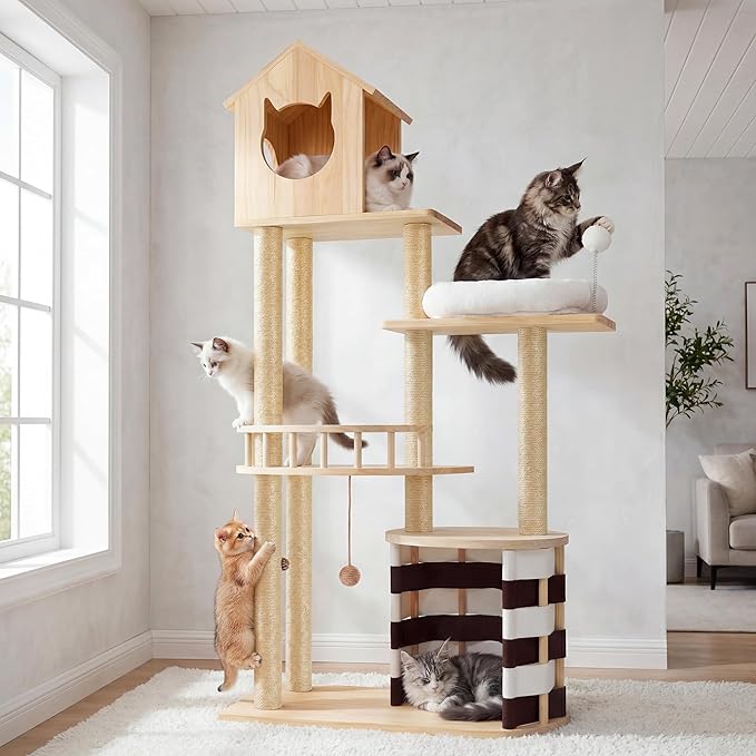 YITAHOME Stable Pine Wood Cat Tree, Multi-Level Cat Tower with Observation Perches, Sisal Scratching Posts, Removable Plush Bed & 2 Interactive Sisal Balls, Cat Furniture