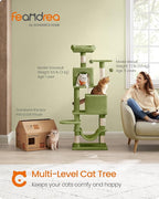 Feandrea Cat Tree, 59.5-Inch Tall Cat Tower, Plush Multi-Level Condo with 5 Scratching Posts, 2 Perches, 2 Caves, Hammock, 2 Pompoms, Grass Green UPCT192C02