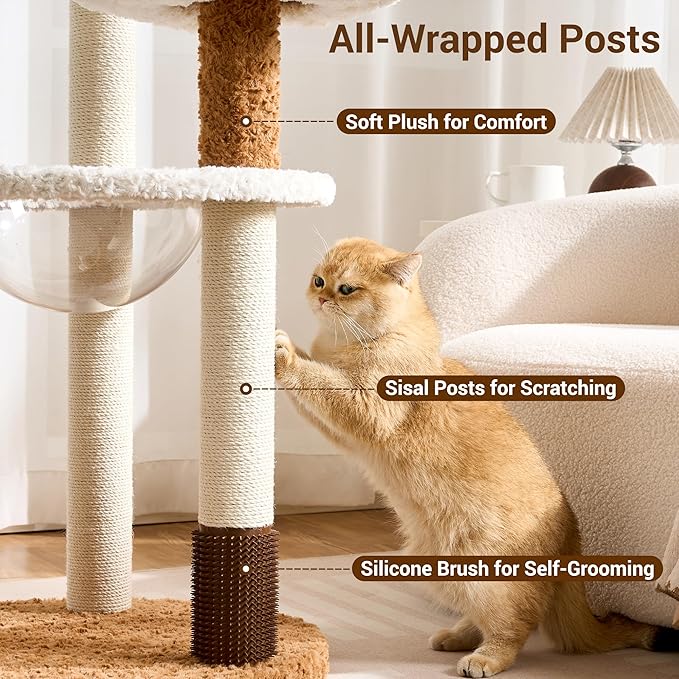 Modern Cat Tree Tower with Scratching Post for Indoor Cats Up tp 15lbs, 50.5" Tall Cat Tree with Flower/Fluffy Cat Beds, Acrylic Capsule, Multi-Level Platforms & Interactive Toy, White & Brown