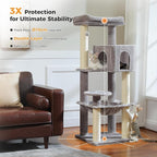 PEQULTI 57.9'' Cat Tree, Multi-Level Tower with Large Top Perch, Thick Scratching Posts and Hammock for Large Indoor Cats up to 20 lbs,Gray
