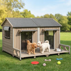 59''L Extra Large Dog House with 2 Doors, Wooden XL Dog House Outdoor Weatherproof with Chew-Proof Iron Frame, Openable Roof, 2 Windows, Indoor Doghouse Pet Shelter Fits Small to Middle Dogs