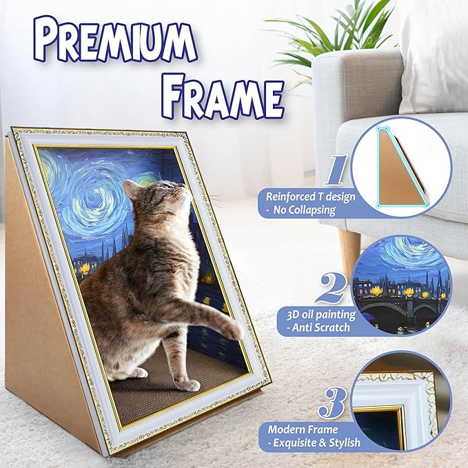 Cardboard Cat Scratcher, [Van Gogh Inspiration] Oil Painting Cat Scratching Board with Frame, Recycled Cat Scratch Pad for Indoor Cats, Cat Bed with Vintage Art Picture, Starry Night