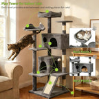 Pawly 60.63" Large Cat Tree with 2 Condos & Sisal Ramp, Premium CARB P2-Compliant Particle Board, 350G Plush Sturdy Cat Tower for Large Breeds, Senior Cats & Multi-Cat Household, Gray