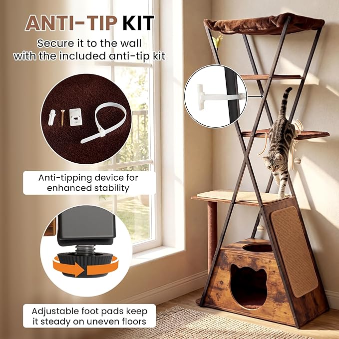 71" Modern Wood Cat Tree for Large Cats - Heavy Duty Tall Cat Tower for Indoor Cats, Multi-Level Cat Furniture with Spacious Condo, Large Perch, Scratching Posts & Hammock (Burnt Wood)
