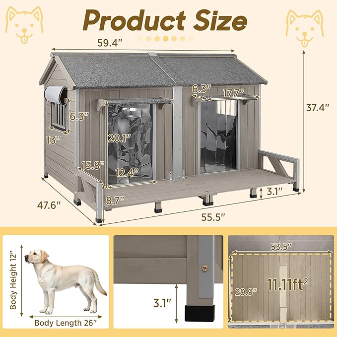 55.5" L Extra Large Dog House Outdoor, Wooden Dog Kennel for Large Breeds, Weatherproof XL Dog House with Openable Roof & 2 Doors, Cozy Indoor/Outdoor Doghouse for Large Small Dogs