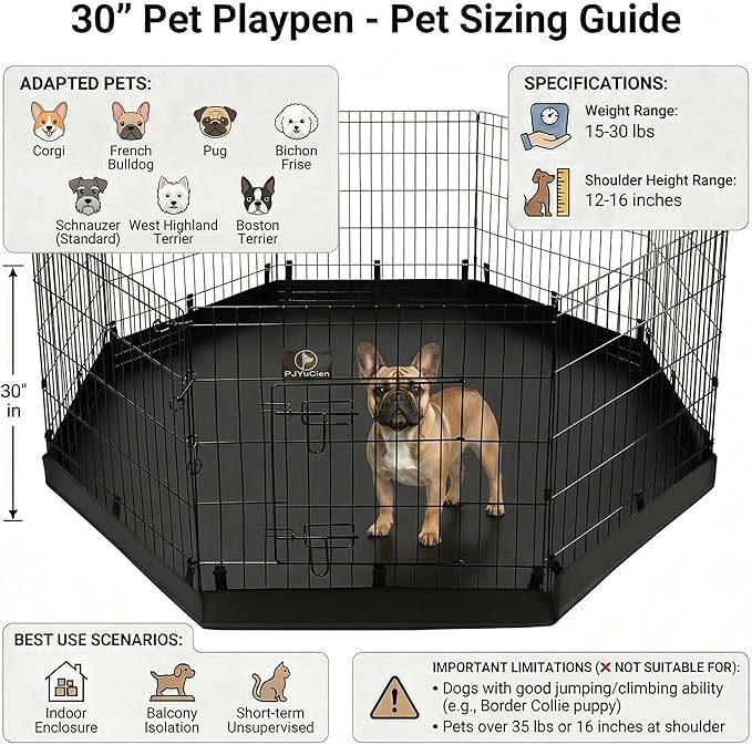 PJYuCien Dog Playpen with Bottom Pad - Metal Foldable Exercise Pen, 8 Panels 30" H x 24" W Indoor Outdoor Pet Fence Puppy Crate Kennel, Black