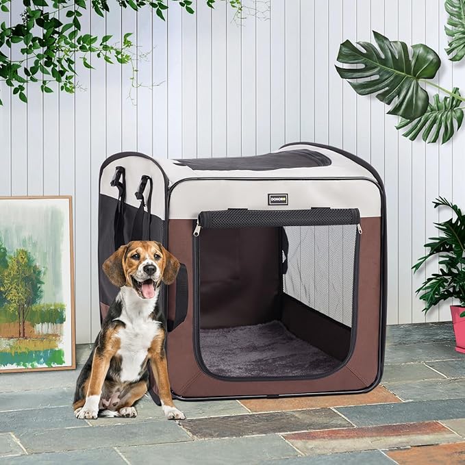 DONORO Dog Kennels and Crates for Medium Dogs, Portable Pop Up Indoor Pet Cage with Sturdy Wire Frame, Collapsible Travel Crate Soft Sided Cat Bag Escape Proof (Brown, 36.0" L x 23.0" W x 28.0" H)