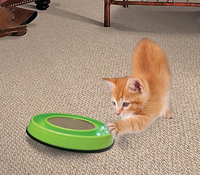 SPOT Rockin’ Cat Scratcher Toy – Interactive LED Light-Up Ball Cat Toy, Corrugated 5-Inch Cardboard Scratching Pad with Catnip Bag for Claw Care & Play, Non-Slip Rubber Base, 10-Inch, 1-Piece